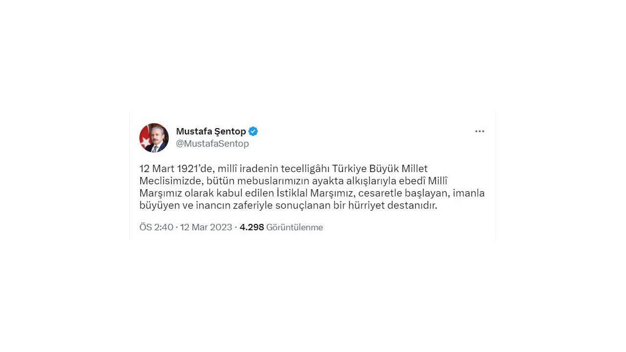Tbmm Başkanı Şentop'tan, 'istiklal Marşı Ve Mehmet Akif Ersoy' Paylaşımı