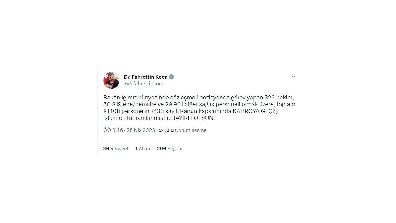 Bakan Koca: Sözleşmeli Pozisyondaki 81 Bin 108 Personel Kadroya Geçti